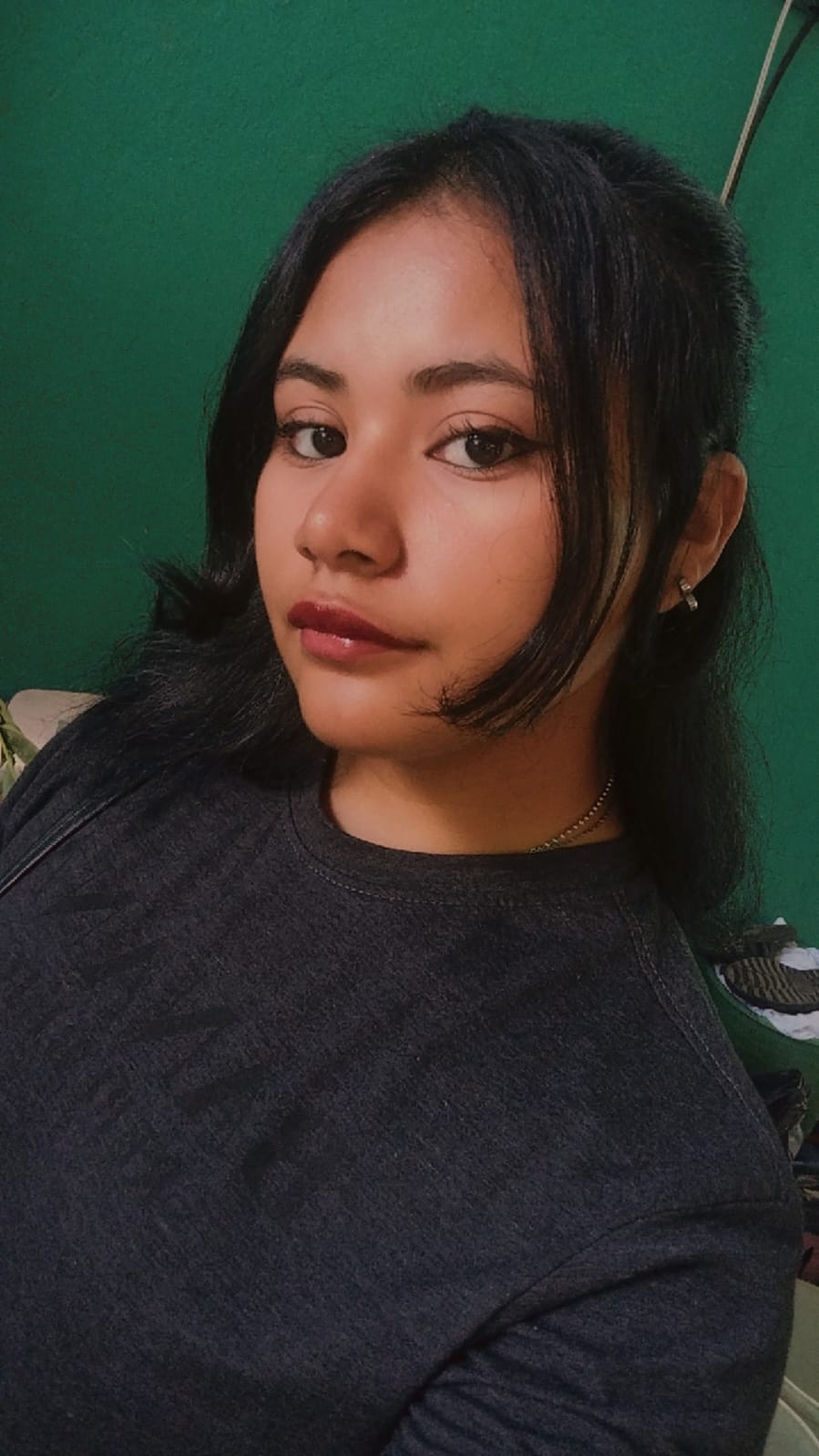 Noir Noir muse — black hair, soft red lip, emerald wall